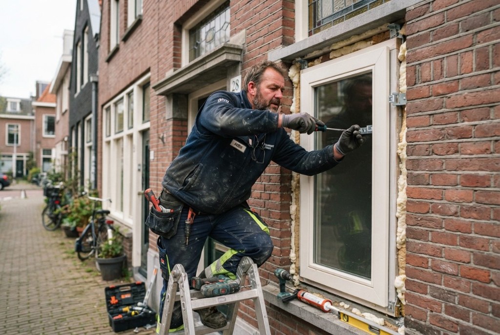 Vakman monteert een nieuw kozijn in de gevel van een woning