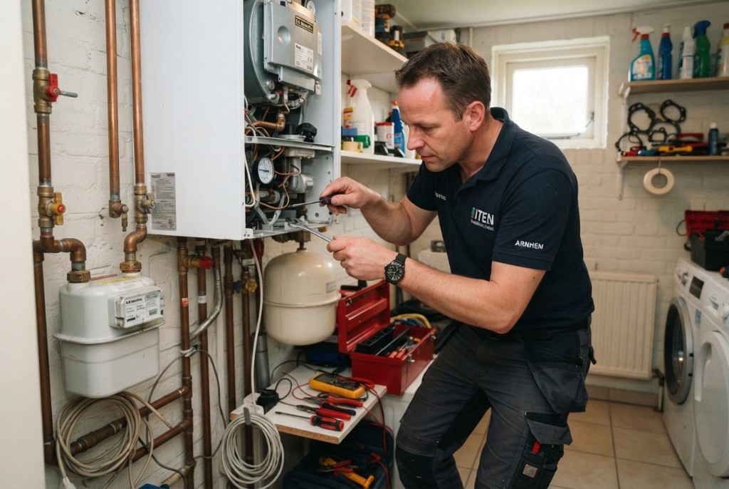 Loodgieter werkt aan een cv-ketel in een woning